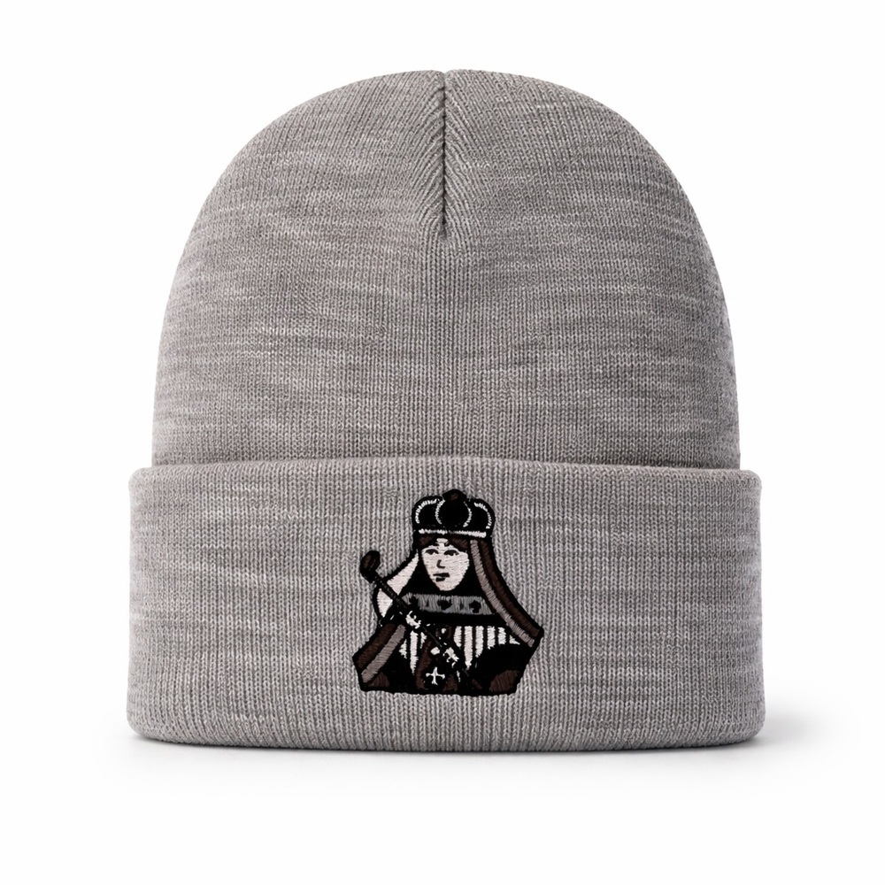FORAY GOLF Gray Knit Beanie with Queen Chess Embroidery Cuffed Winter Hat